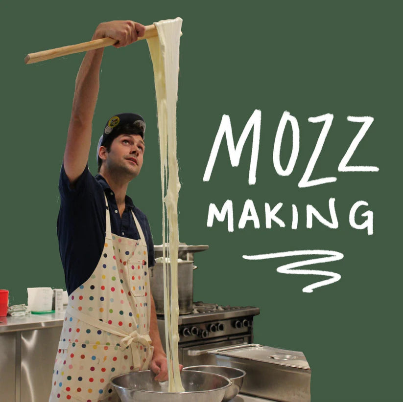 Promotional image for a mozzarella making class, featuring a person stretching mozzarella curd with text overlay 'MOZZ MAKING'.