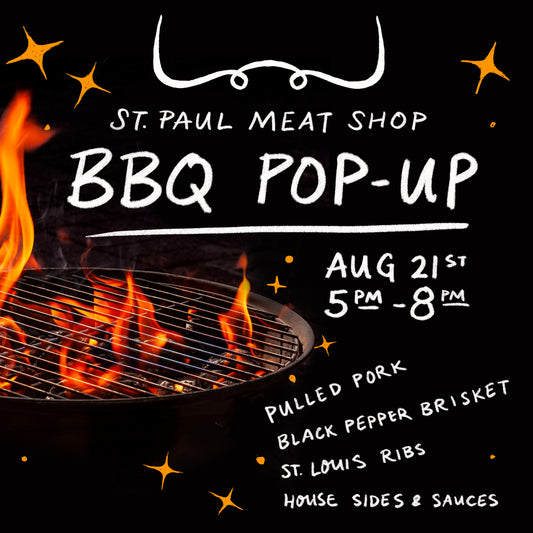 Promotional flyer for the St. Paul Meat Shop BBQ Pop-Up, featuring a black background with white hand-drawn text, orange flames, a grill, and yellow star accents.