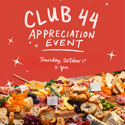 Red Background & Grazing Table & Text Reading "Club 44 Appreciation Event"