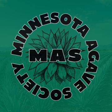 A teal-green graphic banner featuring the circular Minnesota Agave Society MAS logo over a blurred field of agave plants.