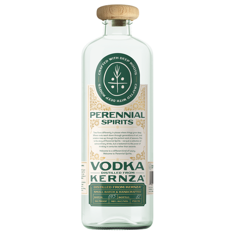 Perennial Spirits vodka bottle with a white label on a white background