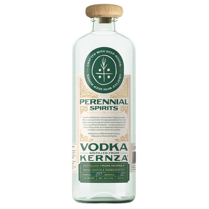 Perennial Spirits vodka bottle with a white label on a white background