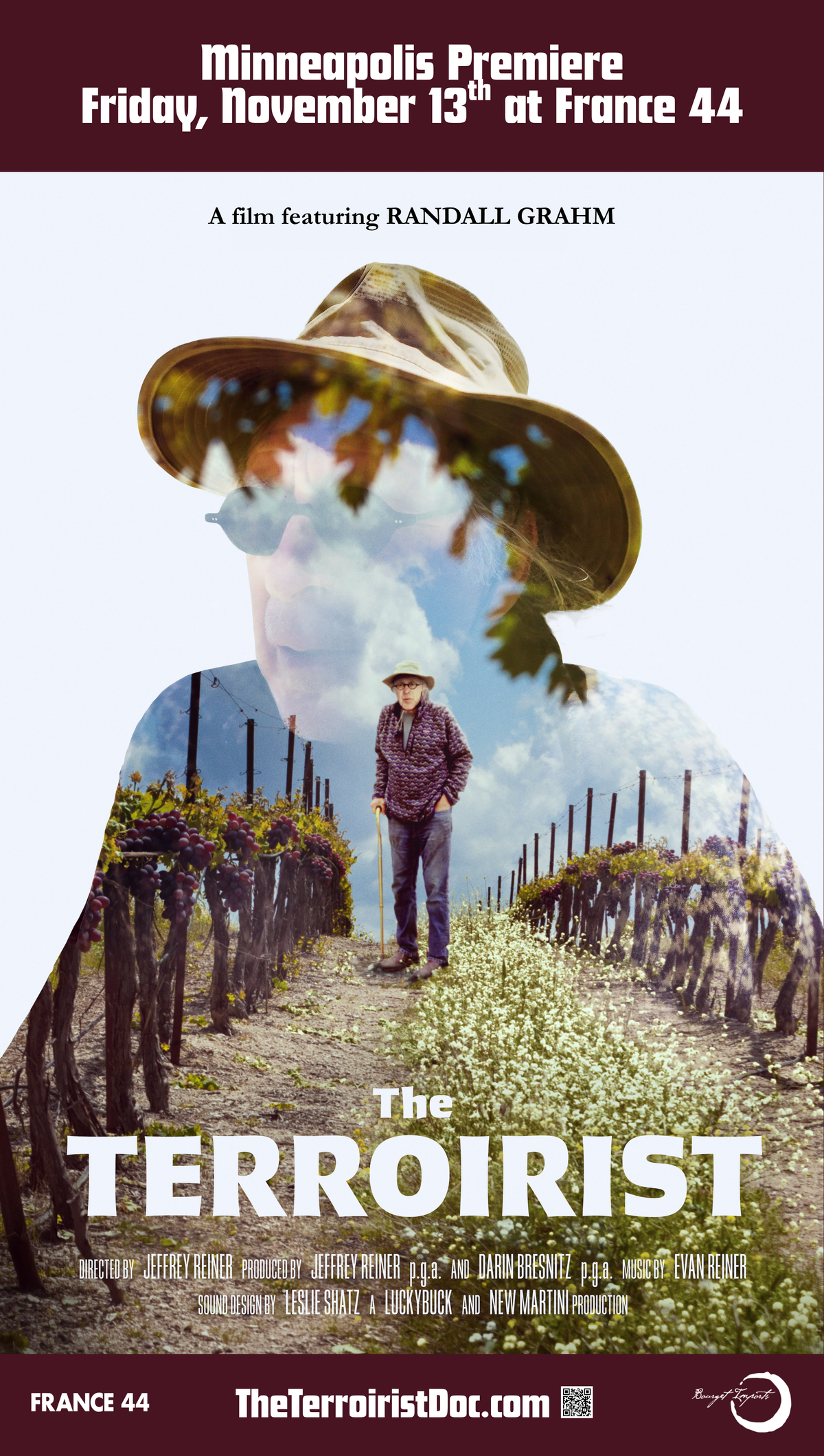 Movie poster for The Terriorist, showing winemaker Randall Graham in both close-up and mid-distance in between rows of wine grapes