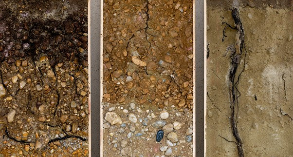 3 different soil types side by side: gravel, clay, and sand
