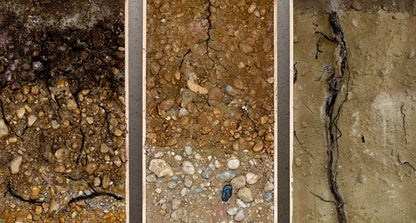3 different soil types side by side: gravel, clay, and sand