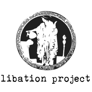 A black and white circular graphic featuring a stylized figure holding a vessel, with the text 'libation project' below in a typewriter-style font.